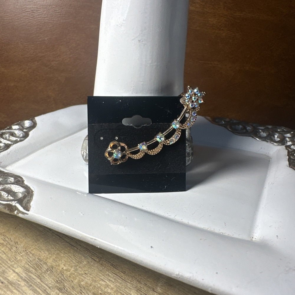 Y2K  Rhinestone Flowers and Ribbon Ear Cuff Left Ear